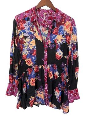 Free People Floral Boho Button Front Blouse Peplum Top Black Pink Size S